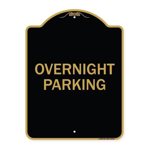 Designer Series Sign-Overnight Parking, Black & Gold Aluminum Sign, 18